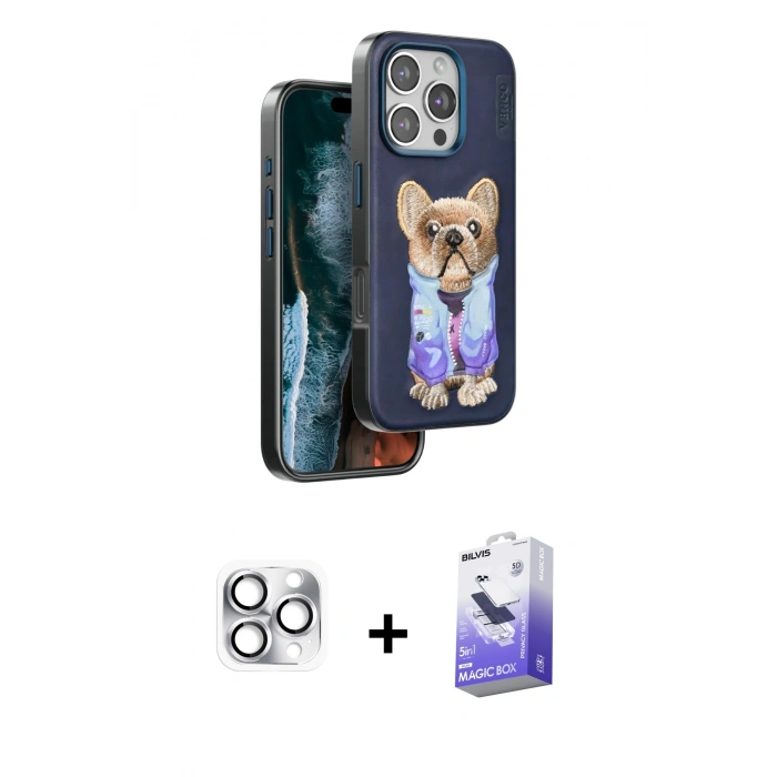 MARSİLYAN™- iPhone 16 Pro Max Kılıf İz Minimal Koleksiyonu - Siyah Bilvis 5in1 5D Magic Hayalet Cam Ekran Koruyucu + Gümüş Pers Alüminyum Kamera Lens