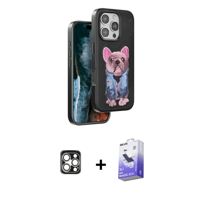 MARSİLYAN™- iPhone 16 Pro Max Kılıf İz Minimal Koleksiyonu - Siyah Bilvis 5in1 5D Magic Hayalet Cam Ekran Koruyucu + PVD Metal Kamera Lens - GS