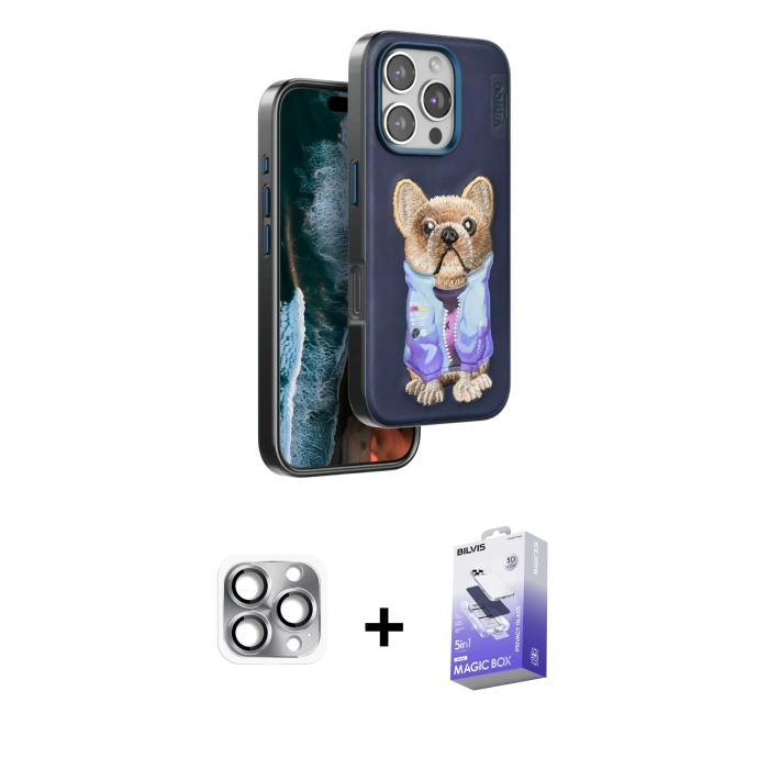 MARSİLYAN™- iPhone 16 Pro Max Kılıf İz Minimal Koleksiyonu - Siyah Bilvis 5in1 5D Magic Hayalet Cam Ekran Koruyucu + Pers Alüminyum Kamera Lens - GI