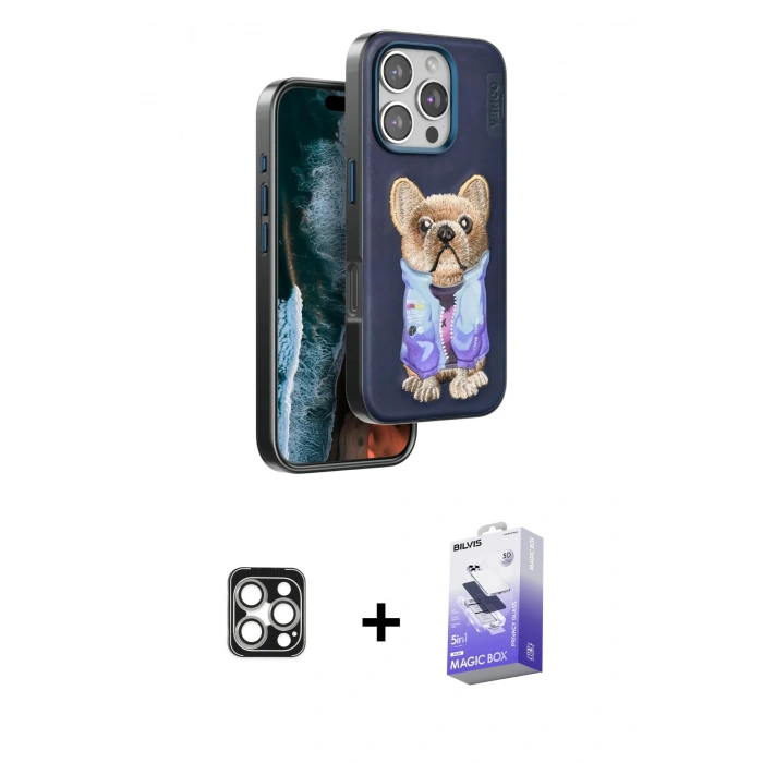 MARSİLYAN™- iPhone 16 Pro Max Kılıf İz Minimal Koleksiyonu - Siyah Bilvis 5in1 5D Magic Hayalet Cam Ekran Koruyucu + PVD Metal Kamera Lens - GS