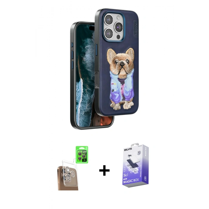 MARSİLYAN™- iPhone 16 Pro Max Kılıf İz Minimal Koleksiyonu - Siyah Bilvis 5in1 5D Magic Hayalet Cam Ekran Koruyucu + Çöl Titanyum Raze Metal Kamera Lens