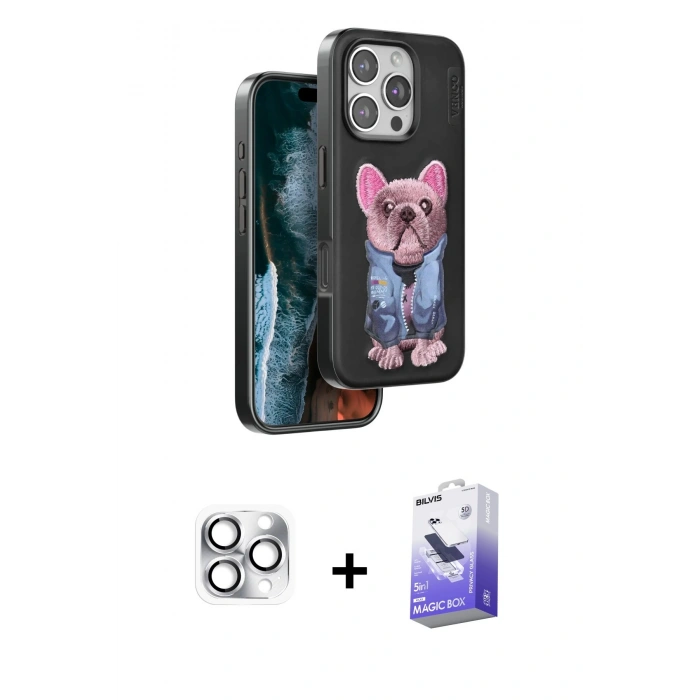 MARSİLYAN™- iPhone 16 Pro Max Kılıf İz Minimal Koleksiyonu - Siyah Bilvis 5in1 5D Magic Hayalet Cam Ekran Koruyucu + Gümüş Pers Alüminyum Kamera Lens