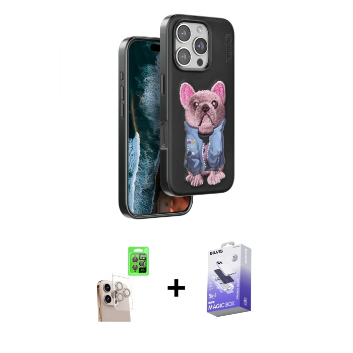 MARSİLYAN™- iPhone 16 Pro Max Kılıf İz Minimal Koleksiyonu - Siyah Bilvis 5in1 5D Magic Hayalet Cam Ekran Koruyucu + Raze Metal Kamera Lens - NLGY
