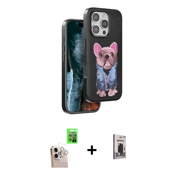 MARSİLYAN™- iPhone 16 Pro Max Kılıf İz Minimal Koleksiyonu - Siyah Bilvis Hayalet Cam Ekran Koruyucu + Raze Metal Kamera Lens - NLGY