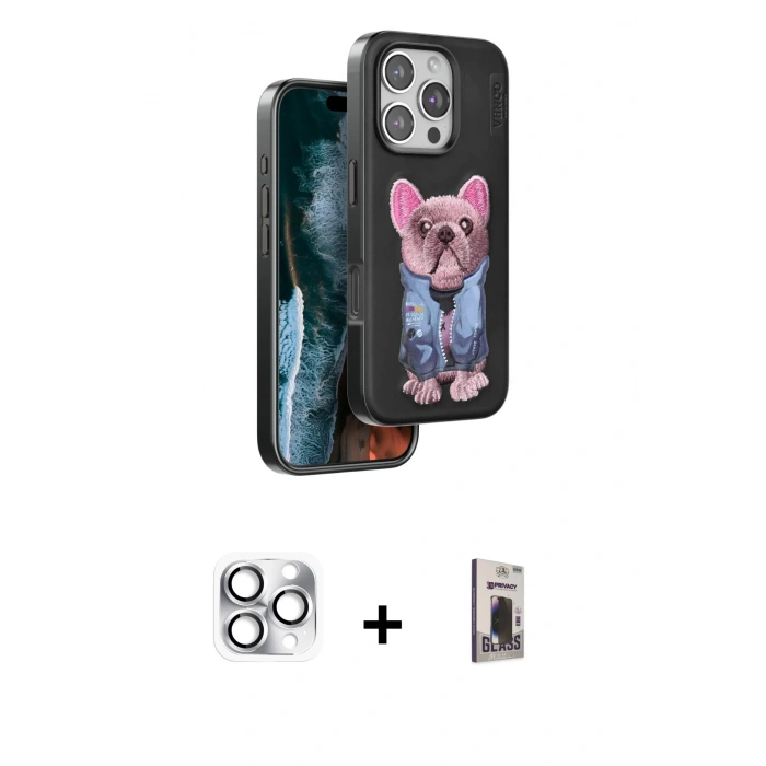 MARSİLYAN™- iPhone 16 Pro Max Kılıf İz Minimal Koleksiyonu - Siyah Bilvis Hayalet Cam Ekran Koruyucu + Pers Alüminyum Kamera Lens - GS
