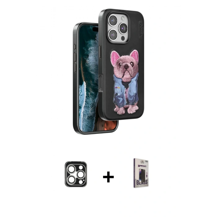 MARSİLYAN™- iPhone 16 Pro Max Kılıf İz Minimal Koleksiyonu - Siyah Bilvis Hayalet Cam Ekran Koruyucu + PVD Metal Kamera Lens - GS