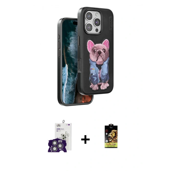 MARSİLYAN™- iPhone 16 Pro Max Kılıf İz Minimal Koleksiyonu - Siyah Buffer Cam Ekran Koruyucu + Bilvis Titan Kamera Lens - GS