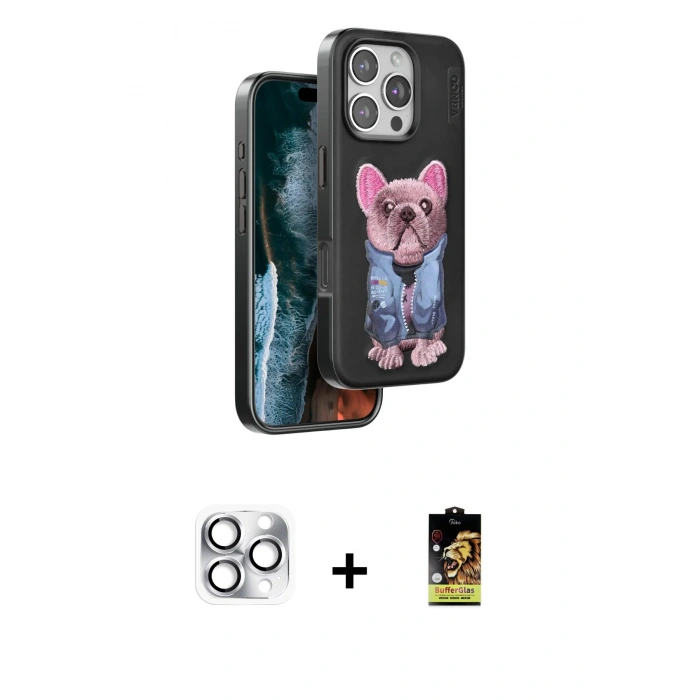 MARSİLYAN™- iPhone 16 Pro Max Kılıf İz Minimal Koleksiyonu - Siyah Buffer Cam Ekran Koruyucu + Pers Alüminyum Kamera Lens - GS