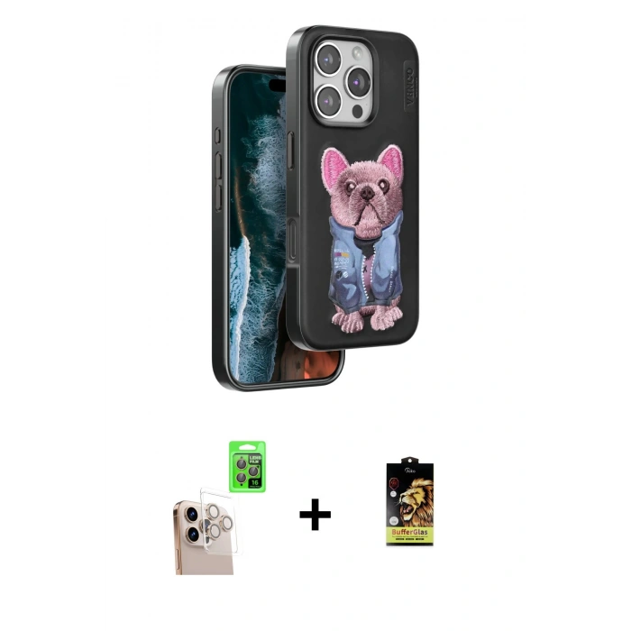 MARSİLYAN™- iPhone 16 Pro Max Kılıf İz Minimal Koleksiyonu - Siyah Buffer Cam Ekran Koruyucu + Natural Grey Raze Metal Kamera Lens
