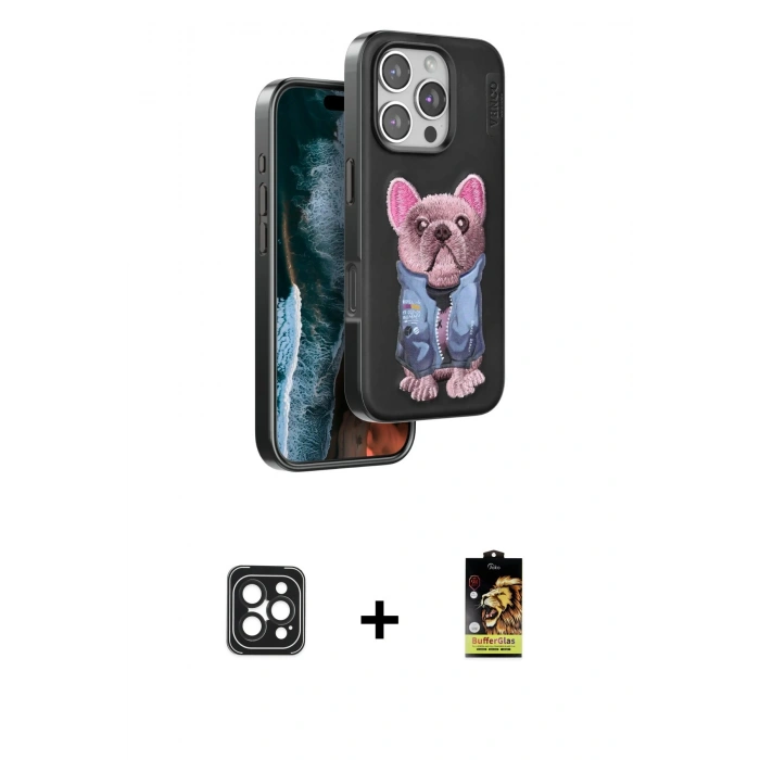 MARSİLYAN™- iPhone 16 Pro Max Kılıf İz Minimal Koleksiyonu - Siyah Buffer Cam Ekran Koruyucu + PVD Metal Kamera Lens - SH