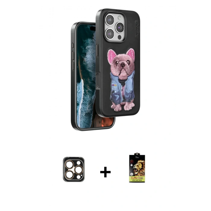 MARSİLYAN™- iPhone 16 Pro Max Kılıf İz Minimal Koleksiyonu - Siyah Buffer Cam Ekran Koruyucu + PVD Metal Kamera Lens - GD