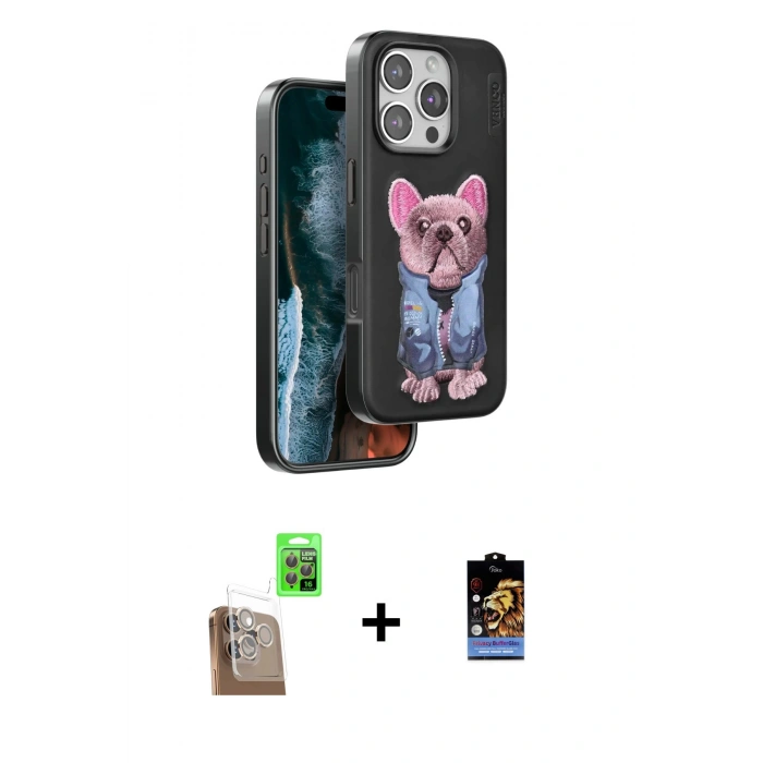 MARSİLYAN™- iPhone 16 Pro Max Kılıf İz Minimal Koleksiyonu - Siyah Buffer Hayalet Cam Ekran Koruyucu + Raze Metal Kamera Lens - CLTM