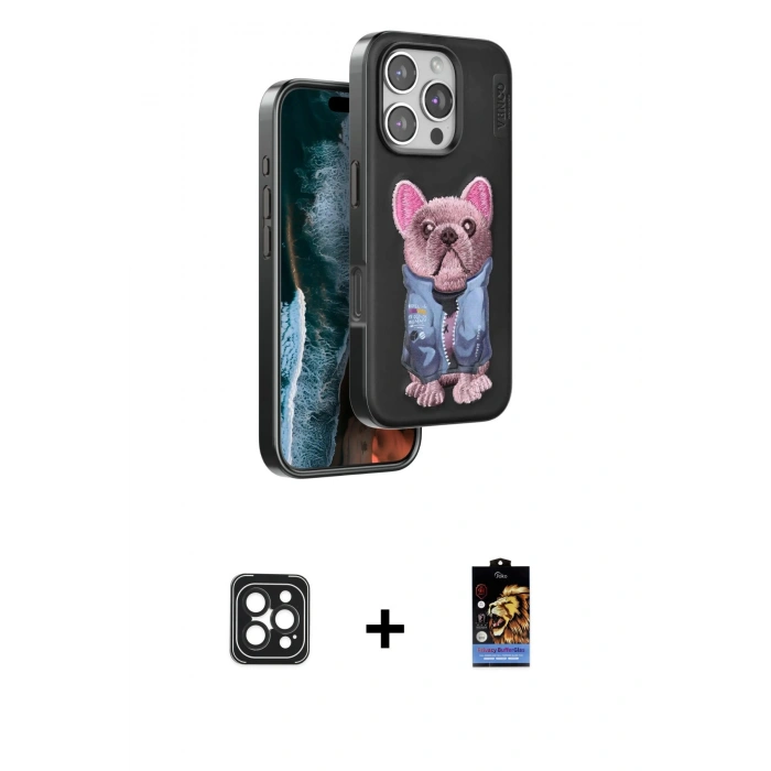 MARSİLYAN™- iPhone 16 Pro Max Kılıf İz Minimal Koleksiyonu - Siyah Buffer Hayalet Cam Ekran Koruyucu + PVD Metal Kamera Lens - SH