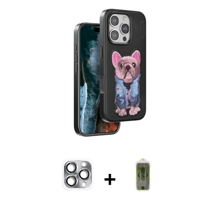 MARSİLYAN™- iPhone 16 Pro Max Kılıf İz Minimal Koleksiyonu - Siyah Joko Magic 5D Hayalet Cam + Gri Pers Alüminyum Kamera Lens