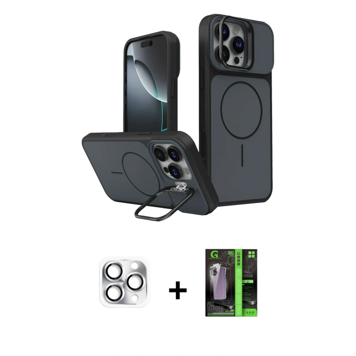 MARSİLYAN™- iPhone 16 Pro Max Kılıf İz Modern Prime - Şeffaf 360 Full Body Arka Koruyucu + Pers Alüminyum Kamera Lens - GS
