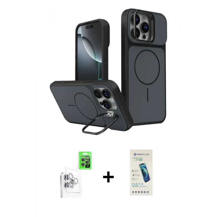 MARSİLYAN™- iPhone 16 Pro Max Kılıf İz Modern Prime - Şeffaf Pasifik Cam Ekran Koruyucu + Raze Metal Kamera Lens - BZ