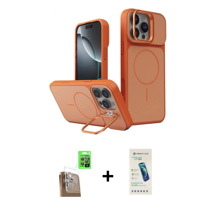 MARSİLYAN™- iPhone 16 Pro Max Kılıf İz Modern Prime - Şeffaf Pasifik Cam Ekran Koruyucu + Çöl Titanyum Raze Metal Kamera Lens