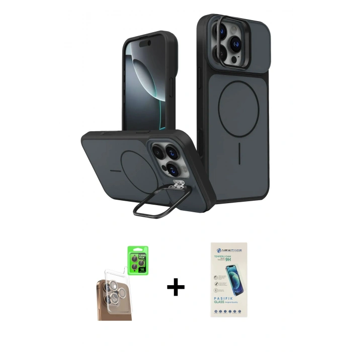 MARSİLYAN™- iPhone 16 Pro Max Kılıf İz Modern Prime - Şeffaf Pasifik Cam Ekran Koruyucu + Çöl Titanyum Raze Metal Kamera Lens