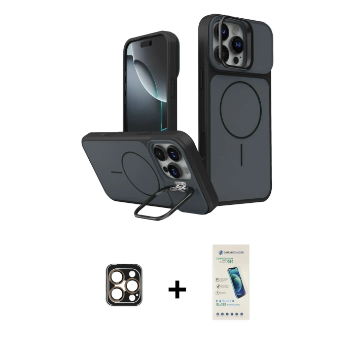 MARSİLYAN™- iPhone 16 Pro Max Kılıf İz Modern Prime - Şeffaf Pasifik Cam Ekran Koruyucu + PVD Metal Kamera Lens - GD