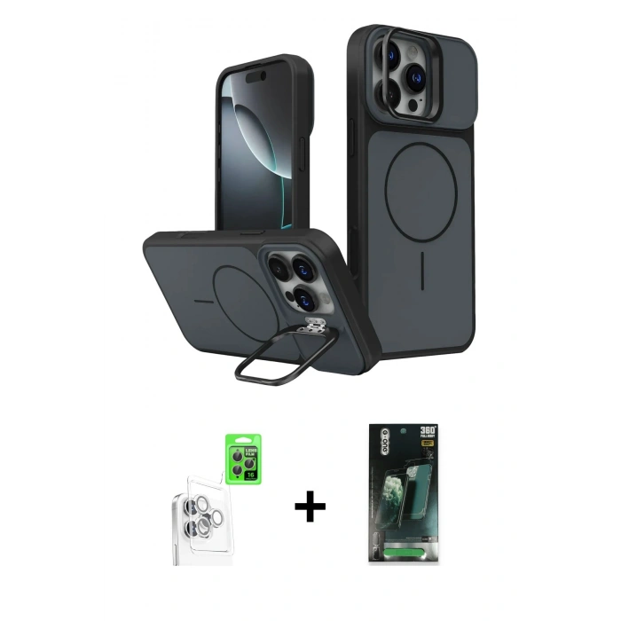 MARSİLYAN™- iPhone 16 Pro Max Kılıf İz Modern Prime - Siyah 360 Mat Full Body Arka Koruyucu + Raze Metal Kamera Lens - BZ