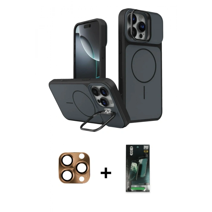 MARSİLYAN™- iPhone 16 Pro Max Kılıf İz Modern Prime - Siyah 360 Mat Full Body Arka Koruyucu + Pers Alüminyum Kamera Lens - CLTM