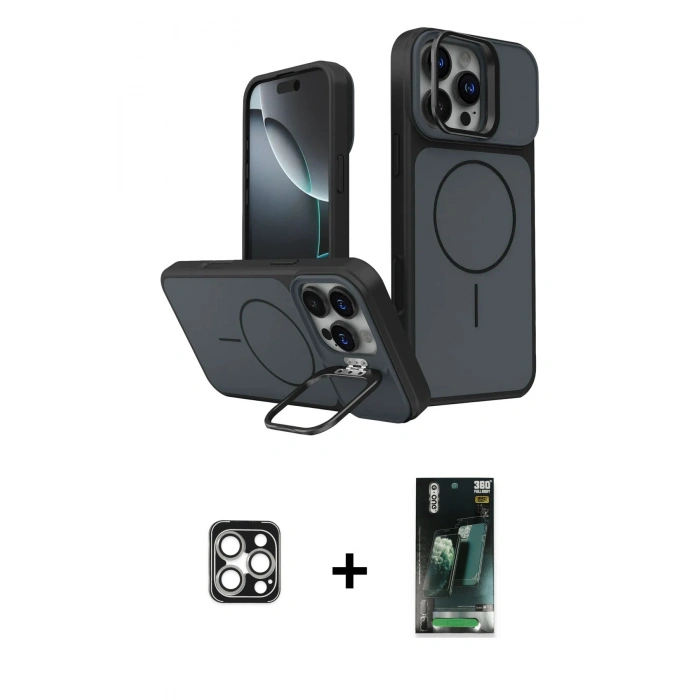 MARSİLYAN™- iPhone 16 Pro Max Kılıf İz Modern Prime - Siyah 360 Mat Full Body Arka Koruyucu + Gümüş PVD Metal Kamera Lens