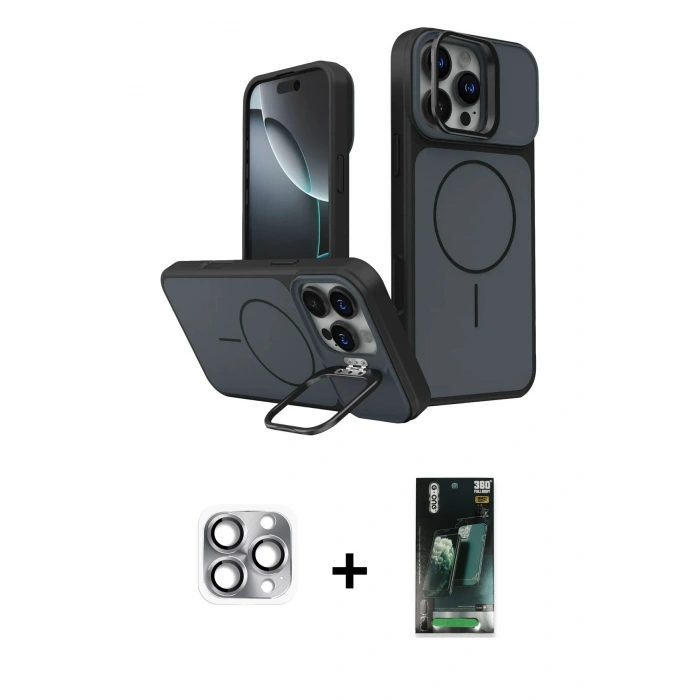 MARSİLYAN™- iPhone 16 Pro Max Kılıf İz Modern Prime - Siyah 360 Mat Full Body Arka Koruyucu + Pers Alüminyum Kamera Lens - GI
