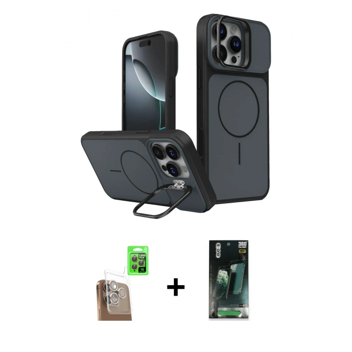 MARSİLYAN™- iPhone 16 Pro Max Kılıf İz Modern Prime - Siyah 360 Mat Full Body Arka Koruyucu + Raze Metal Kamera Lens - CLTM