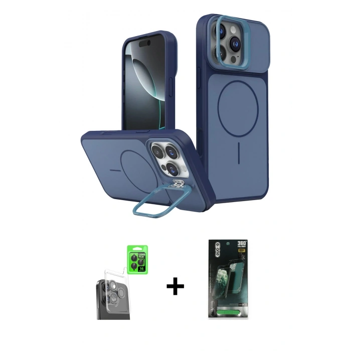 MARSİLYAN™- iPhone 16 Pro Max Kılıf İz Modern Prime - Siyah 360 Mat Full Body Arka Koruyucu + Raze Metal Kamera Lens - SH