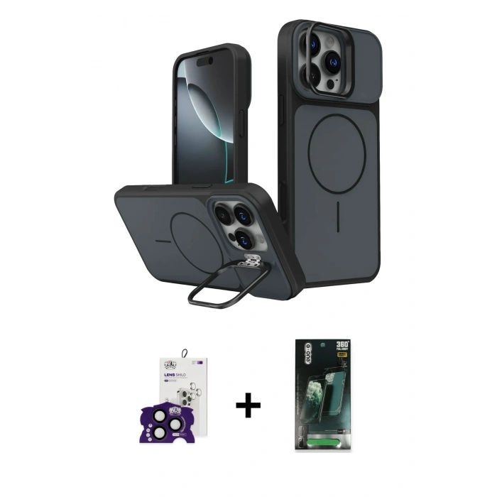 MARSİLYAN™- iPhone 16 Pro Max Kılıf İz Modern Prime - Siyah 360 Mat Full Body Arka Koruyucu + Bilvis Titan Kamera Lens - SH