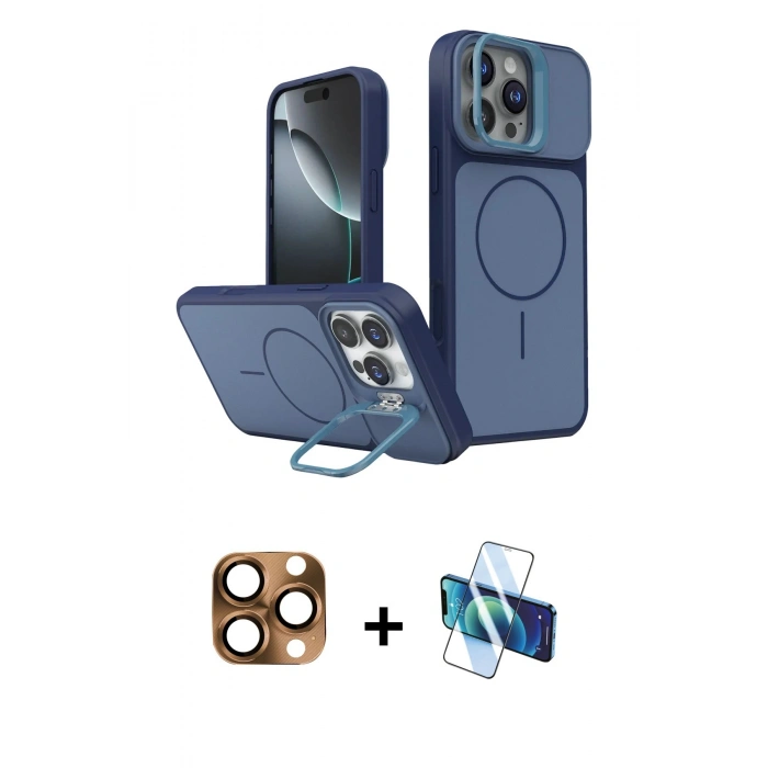 MARSİLYAN™- iPhone 16 Pro Max Kılıf İz Modern Prime - Siyah 3D Antistatik Cam Ekran Koruyucu + Pers Alüminyum Kamera Lens - CLTM