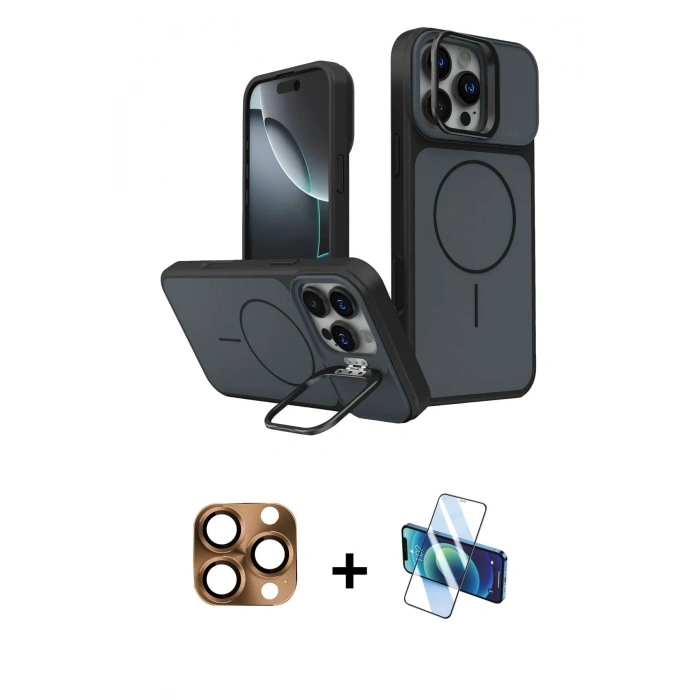 MARSİLYAN™- iPhone 16 Pro Max Kılıf İz Modern Prime - Siyah 3D Antistatik Cam Ekran Koruyucu + Pers Alüminyum Kamera Lens - CLTM