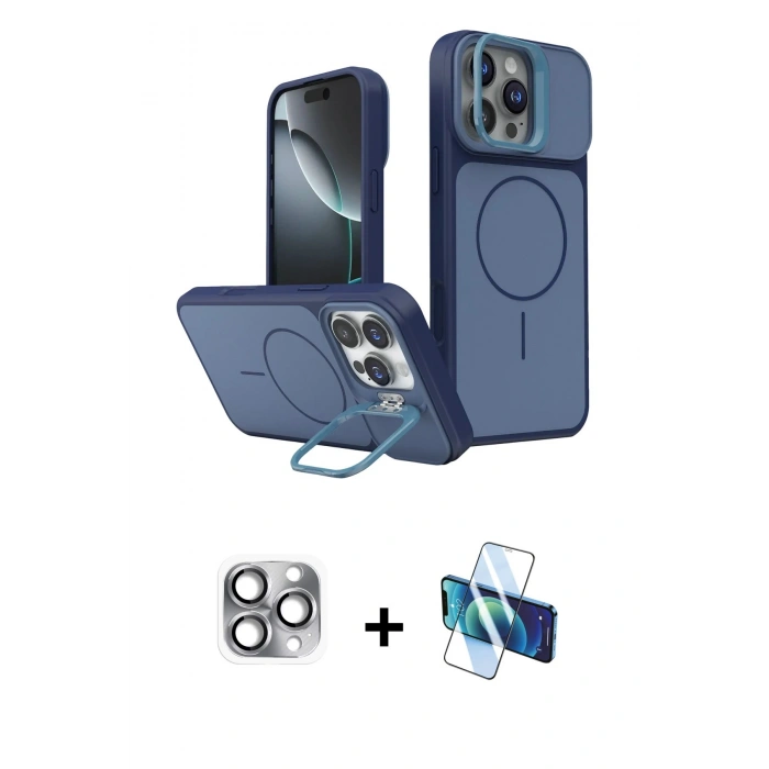 MARSİLYAN™- iPhone 16 Pro Max Kılıf İz Modern Prime - Siyah 3D Antistatik Cam Ekran Koruyucu + Pers Alüminyum Kamera Lens - GI