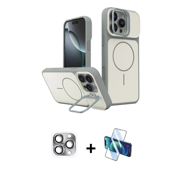 MARSİLYAN™- iPhone 16 Pro Max Kılıf İz Modern Prime - Siyah 3D Antistatik Cam Ekran Koruyucu + Pers Alüminyum Kamera Lens - GI