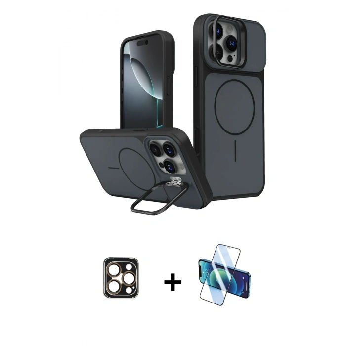 MARSİLYAN™- iPhone 16 Pro Max Kılıf İz Modern Prime - Siyah 3D Antistatik Cam Ekran Koruyucu + PVD Metal Kamera Lens - GD