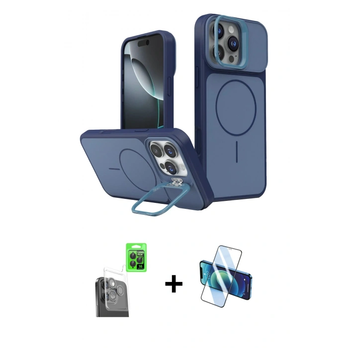 MARSİLYAN™- iPhone 16 Pro Max Kılıf İz Modern Prime - Siyah 3D Antistatik Cam Ekran Koruyucu + Raze Metal Kamera Lens - SH