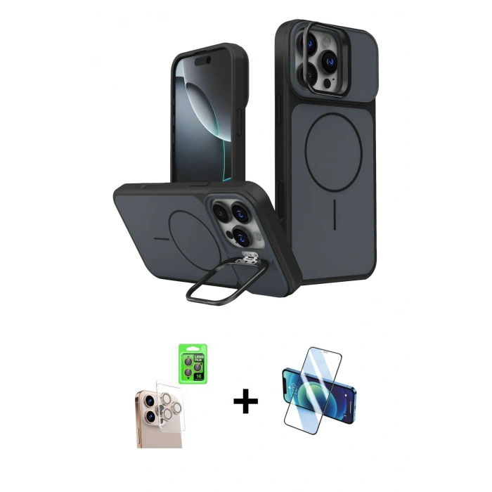 MARSİLYAN™- iPhone 16 Pro Max Kılıf İz Modern Prime - Siyah 3D Antistatik Cam Ekran Koruyucu + Raze Metal Kamera Lens - NLGY