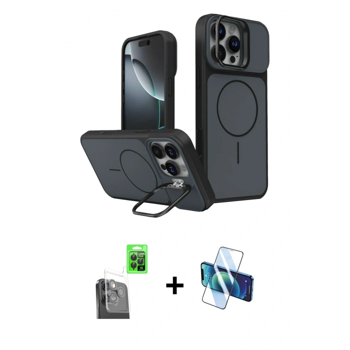 MARSİLYAN™- iPhone 16 Pro Max Kılıf İz Modern Prime - Siyah 3D Antistatik Cam Ekran Koruyucu + Raze Metal Kamera Lens - SH