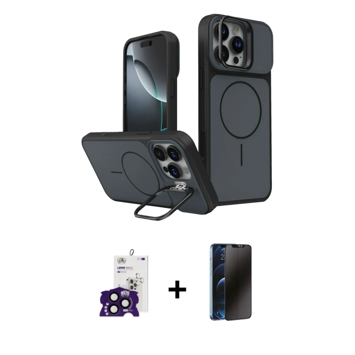 MARSİLYAN™- iPhone 16 Pro Max Kılıf İz Modern Prime - Siyah 3D Antistatik Hayalet Cam Ekran Koruyucu + Bilvis Titan Kamera Lens - SH