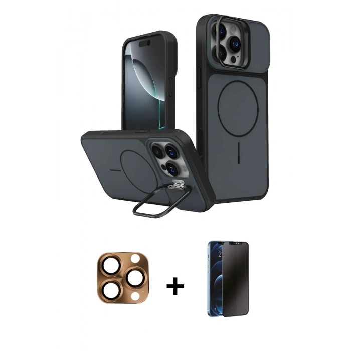 MARSİLYAN™- iPhone 16 Pro Max Kılıf İz Modern Prime - Siyah 3D Antistatik Hayalet Cam Ekran Koruyucu + Pers Alüminyum Kamera Lens - CLTM