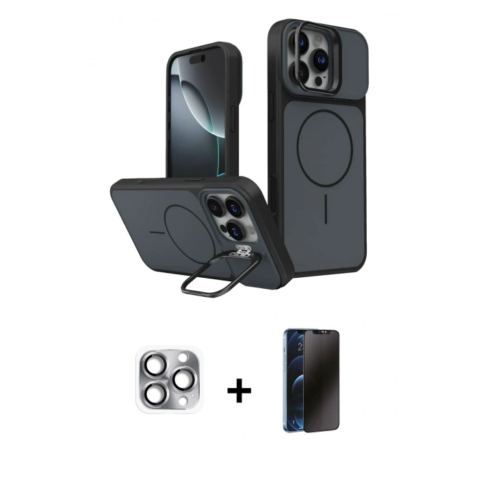 MARSİLYAN™- iPhone 16 Pro Max Kılıf İz Modern Prime - Siyah 3D Antistatik Hayalet Cam Ekran Koruyucu + Pers Alüminyum Kamera Lens - GI