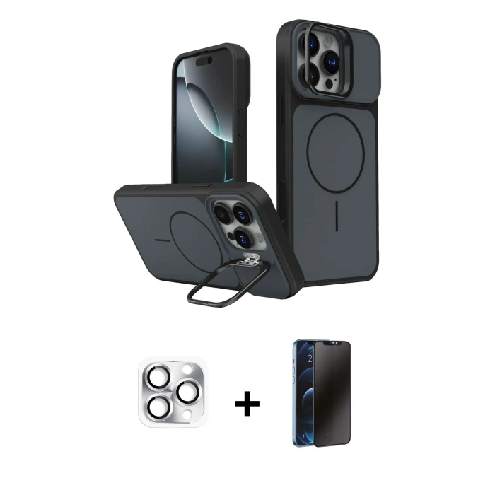 MARSİLYAN™- iPhone 16 Pro Max Kılıf İz Modern Prime - Siyah 3D Antistatik Hayalet Cam Ekran Koruyucu + Pers Alüminyum Kamera Lens - GS