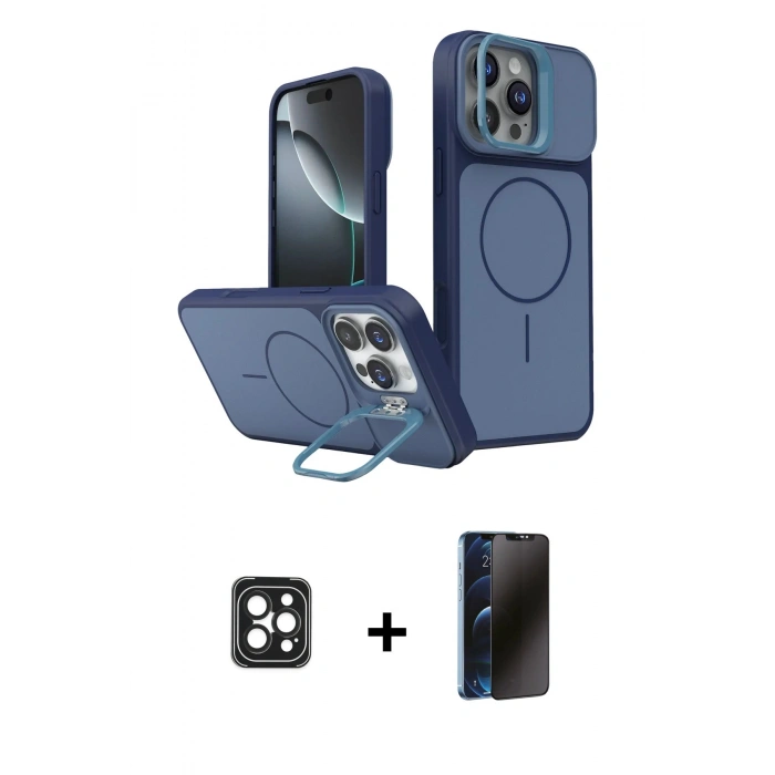 MARSİLYAN™- iPhone 16 Pro Max Kılıf İz Modern Prime - Siyah 3D Antistatik Hayalet Cam Ekran Koruyucu + PVD Metal Kamera Lens - SH