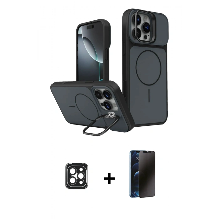 MARSİLYAN™- iPhone 16 Pro Max Kılıf İz Modern Prime - Siyah 3D Antistatik Hayalet Cam Ekran Koruyucu + PVD Metal Kamera Lens - SH