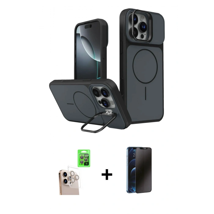 MARSİLYAN™- iPhone 16 Pro Max Kılıf İz Modern Prime - Siyah 3D Antistatik Hayalet Cam Ekran Koruyucu + Raze Metal Kamera Lens - NLGY