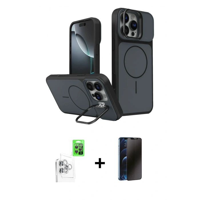 MARSİLYAN™- iPhone 16 Pro Max Kılıf İz Modern Prime - Siyah 3D Antistatik Hayalet Cam Ekran Koruyucu + Raze Metal Kamera Lens - BZ