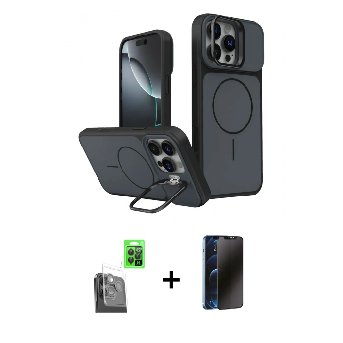 MARSİLYAN™- iPhone 16 Pro Max Kılıf İz Modern Prime - Siyah 3D Antistatik Hayalet Cam Ekran Koruyucu + Raze Metal Kamera Lens - SH