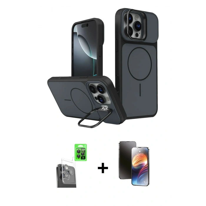 MARSİLYAN™- iPhone 16 Pro Max Kılıf İz Modern Prime - Siyah 3D Antistatik Mat Seramik Nano Ekran Koruyucu + Raze Metal Kamera Lens - SH