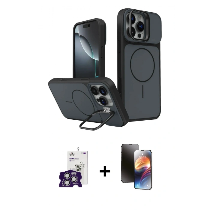 MARSİLYAN™- iPhone 16 Pro Max Kılıf İz Modern Prime - Siyah 3D Antistatik Mat Seramik Nano Ekran Koruyucu + Bilvis Titan Kamera Lens - GS