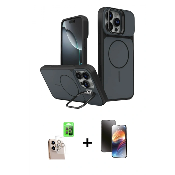MARSİLYAN™- iPhone 16 Pro Max Kılıf İz Modern Prime - Siyah 3D Antistatik Mat Seramik Nano Ekran Koruyucu + Raze Metal Kamera Lens - NLGY